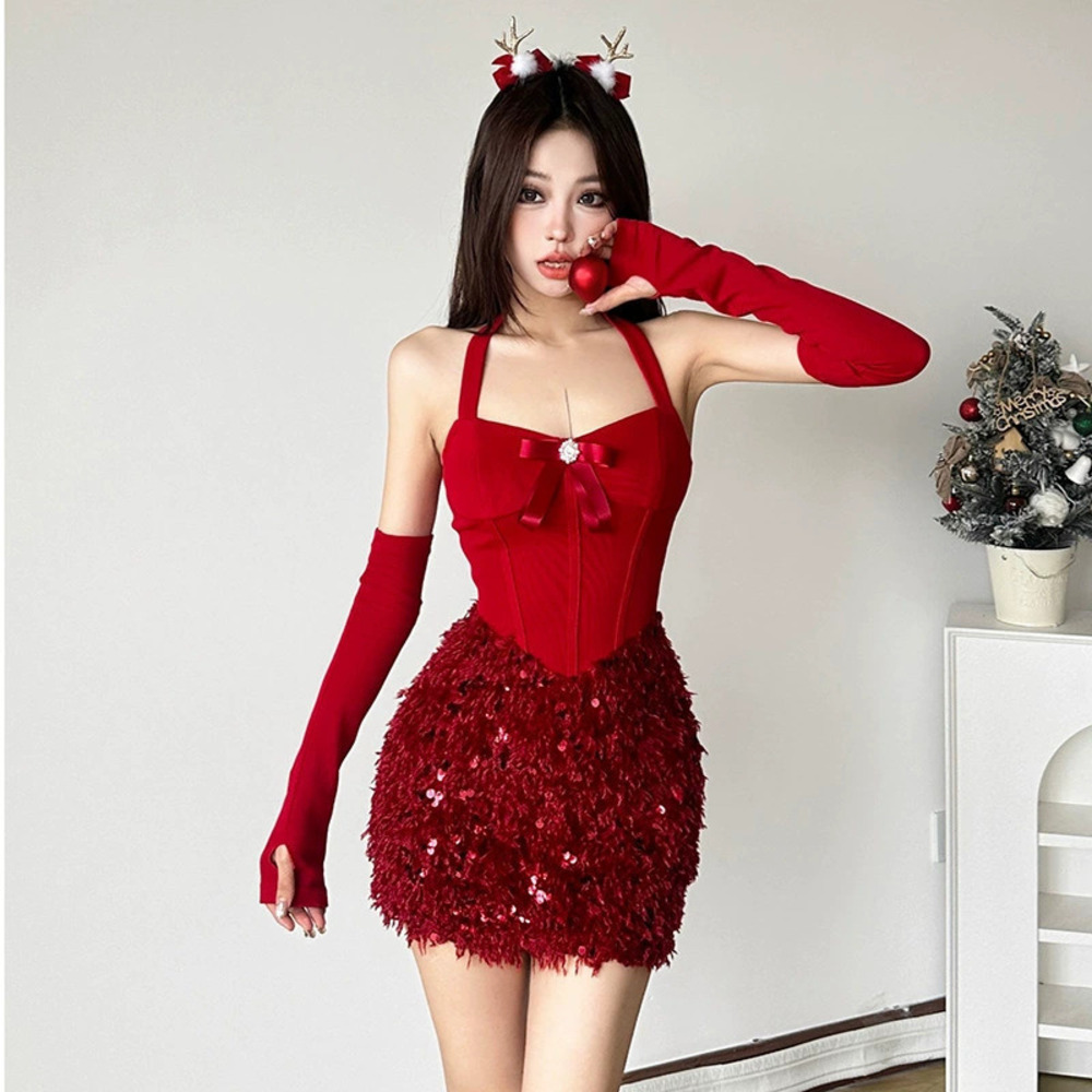ZARA Autumn Luxury Christmas Sequin Feather Dress Arm Sleeve Set